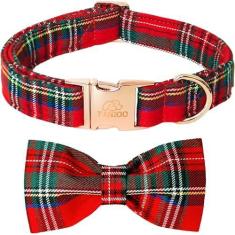 Imagem de Tunkoo Coleira de Natal para cães com gravata borboleta - coleira xadrez de algodão vermelho super fofa, ajustável, disponível em pequeno, médio, grande para meninas, meninos, cães, P