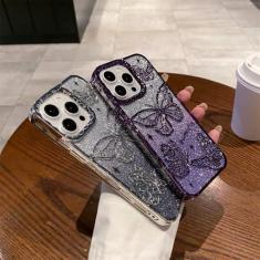 Imagem de Capa de celular de borboleta brilhante gradiente de luxo para iPhone 15 14 13 12 11 Pro Max Plus 15 capa traseira com glitter galvanizado, rosa SF
