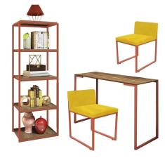 Imagem de Kit Escritório Ravi 2 Cadeiras Suede Amarelo com 1 Mesa e 1 Livreiro Ferro Bronze MDF Carvalho - Ahazzo Móveis