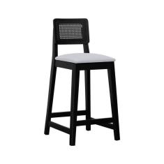 Imagem de Banqueta Gabi Madeira Maciça Encosto C- Telinha C- 68cm Altura - Preto Assento Estofado Linho Bege Mescla Impermeável