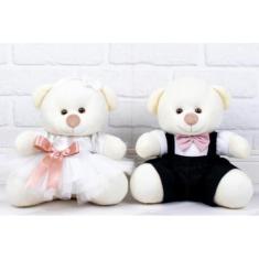 Imagem de Casal Ursos Tedde Pajem Preto, Daminha Branca - Pelúcia Palha 18 cm (Pajem Preto, Daminha Branca, detalhes rosê - Pelúcia Palha)
