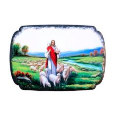 Imagem de Quadro Mesa Colecionável Jesus Cristo Ovelhas Campo 20x14cm