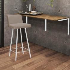 Imagem de Kit Mesa Suspensa de Parede Fixa MDF Castanho + 1 Banqueta Lexi Ferro Branco Sintético Bege - Ahazzo Móveis