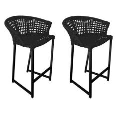 Imagem de Kit 2 Banquetas Reis em Corda Náutica e Base em Alumínio Preta para Ár