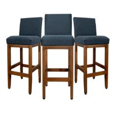 Imagem de Kit 3 Banqueta Alta Estofada Cozinha Bistrô Tecido Linho Madeira Maciç