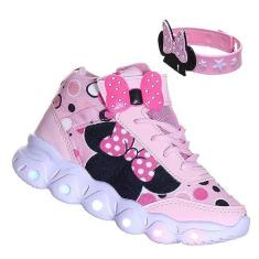 Imagem de Tenis Bota Infantil Menina Laço Com Luzinha Led pisca + Pulseira rosa
