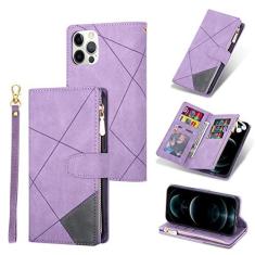Imagem de UEEBAI Capa carteira para iPhone 12 Pro Max de 6,7 polegadas, capa flip vintage de couro PU premium com compartimentos para cartões, fecho magnético, bolso com zíper, bolsa de mão com alça de mão -