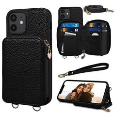 Imagem de Keallce Capa para iPhone 12/12 Pro, cordão destacável e alça de mão com compartimentos para cartão com bloqueio RFID para iPhone 12, capa de telefone de couro com zíper transversal para iPhone 12 Pro,