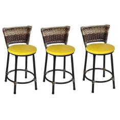Imagem de Kit 3 Banquetas Baixa Preta Junco Capuccino com Assento Amarelo Fortmi