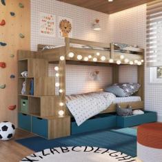 Imagem de Beliche Infantil com Escada, Nicho e Gavetas Aveiro com Azul