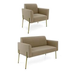 Imagem de Sofá Namoradeira e Poltrona Pé de Ferro Dourado Marisa Suede Marrom Rato D03 - D`Rossi