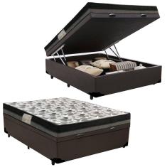 Imagem de Cama Baú Casal Sintético + Colchão Casal Ortobom Iso Dupla Face 60x138x188 marrom