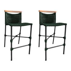 Imagem de Kit 2 Banquetas Em Corda Náutica Base Em Alumínio Preta Com Detalhe Em Madeira Verde Musgo Verde