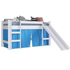Imagem de Cama Infantil com Degrau e Escorregador Branca, Cortina Azul