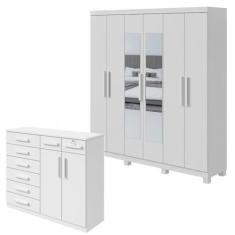 Imagem de Conjunto de Guarda-roupa 6 Portas Jazz com Espelho e Pés e Cômoda Toronto Branco
