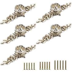 Imagem de JuxYes Pacote com 5 puxadores decorativos para armário com prato, maçaneta floral de marfim para gavetas, puxadores de gaveta brancos marfim, puxadores de gaveta para armário