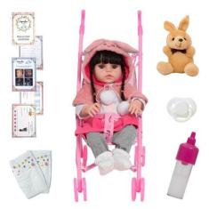 Imagem de Boneca Bebê Tipo Reborn Com Carrinho Pijama Coelhinho 46cm - Cegonha R