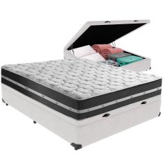 Imagem de Cama Box Baú Branco E Colchão Classic Preto Molas Ensacadas Casal Anjos