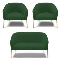 Imagem de Sofá Namoradeira E 2 Poltronas Pé De Ferro Dourado Stella Veludo D03 -