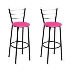 Imagem de Kit 2 Banquetas Alta Preta com Encosto Assento Rosa Jaddi