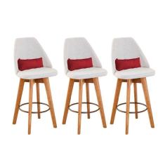 Imagem de Kit 03 Banquetas Alta Maya Giratória Com Encosto Linho Bege Claro e Almofada Suede Vermelho - Aurora Line