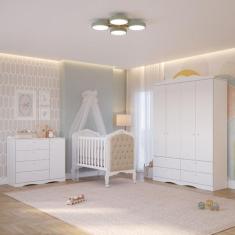 Imagem de Quarto de Bebê com Guarda Roupa 4 Portas Cômoda e Berço Capitonê 2 em 