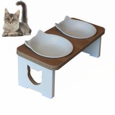 Imagem de Comedouro Bebedouro Gato Duplo Elevado Pet Mdf - Porcelana Felino - Ma