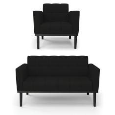 Imagem de Sofá Namoradeira E Poltrona Base De Madeira Preto Elisa Linho D03 - D'rossi Cor A79 Preto