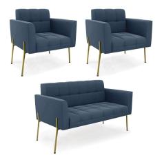 Imagem de Sofá Namoradeira E 2 Poltronas Pé De Ferro Dourado Elisa Suede D03 - D'rossi Cor Azul Marinho