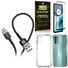Imagem de Kit Capinha Moto G62 + Cabo Tipo C Hs302 + Película Vidro 3D - Armyshi