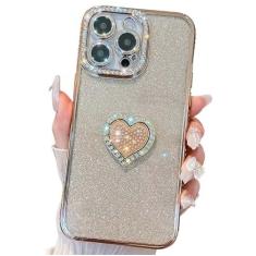 Imagem de Kwhapoo Capa fofa compatível com iPhone 13 Pro Max de 6,7 polegadas, capas de cartão de glitter + diamante brilhante com suporte de coração de amor, capas macias de proteção de câmera brilhante para