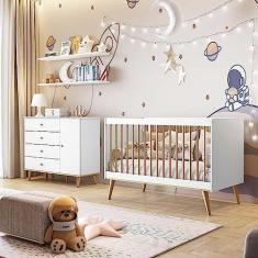 Imagem de Quarto de Bebê Lígia Berço 3 em 1 com Grades de Madeira Cômoda 4 Gavetas Infantil com Porta Branco Fosco Carolina Baby