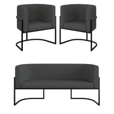 Imagem de Kit 2 Cadeiras Poltronas + Sofá 2 Lugares Base Preta Corino Cinza