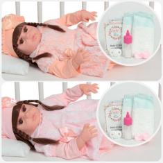 Imagem de Bonecas Gêmeas Cabelo Castanho 46cm Com Kit Acessórios - Cegonha Rebor