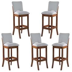 Imagem de Kit 5 Banquetas Alta Estofada Bianca 38 x 108 Cm Madeira Maciça Imbuia Linho Bege Cru L71 - RMI