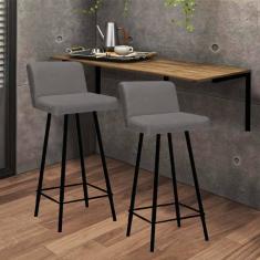 Imagem de Kit Mesa Suspensa de Parede Fixa MDF Freijó + 2 Banquetas Lexi Ferro Preto Suede Cinza - Ahazzo Móveis