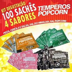 Imagem de Temperos Popcorn 100 sachês. 25 Pizza, 25 Cebola e Salsa, 25 Sal do Himalaia e 25 Sal Popcorn