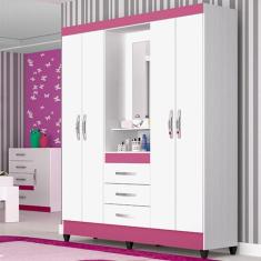 Imagem de Guarda-Roupa Casal 4 Portas com Espelho Capri Moval Branco/Rosa