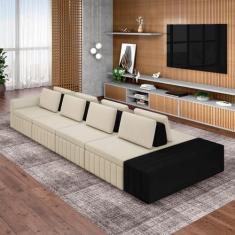 Imagem de Sofá Ilha com Encosto e Almofadas Móveis Olimpo 505cm Modulado Linho/PU Bege/Preto G45 - Gran Belo