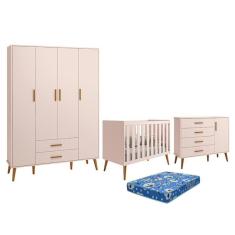 Imagem de Dormitório Infantil Isis Guarda Roupa 4 Portas, Cômoda 1 Porta e Berço com Colchão - Reller Móveis Rosa