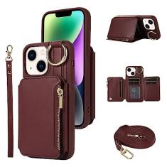 Imagem de Furiet Capa carteira para iPhone 14 6.1 capa de couro com fecho de correr com alça de ombro, suporte para cartão de crédito, acessórios de celular, capa para iPhone 14 5G i i-Phone i14 iPhone14 capa