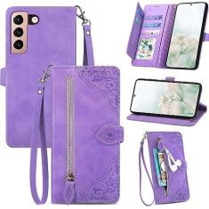 Imagem de KRHGEIK Capa carteira para celular Galaxy S21 5G, capa carteira S21 5G para mulheres, capa protetora de couro PU em relevo alça de pulso com zíper porta-cartões flip capa de telefone para Samsung