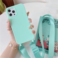 Imagem de Capa de silicone fosco com alça de colar crossbody para iPhone 15 14 Pro Max 11 12 13 Mini XR X XS 7 8 Plus SE Capa à prova de choque, azul menta, para iPhone 14 ProMax