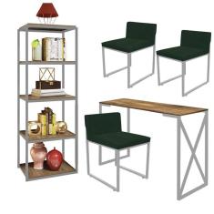 Imagem de Kit Escritório Bex 3 Cadeiras Suede Verde com 1 Mesa e 1 Livreiro Ferro Cinza MDF Freijó - Ahazzo Móveis