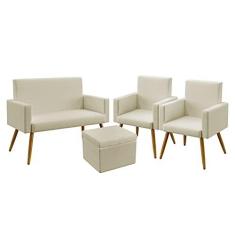 Imagem de Kit Poltrona Namoradeira e 2 Poltronas Decorativas Estofada Para Sala De Estar Vega com Puff Quasar Sued Bege Aradecor