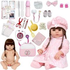 Imagem de Boneca Tipo Reborn Princesa Vestido Rosa Kit Acessórios Luxo - Cegonha