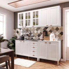 Imagem de Armário De Cozinha Compacta 4 Peças Com Vidro Janelinha Cristal Luciane Móveis Branco Polar Com Branco Pet E Marmore