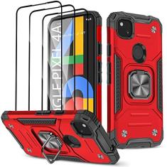Imagem de Capa para Google Pixel 4a com [3 peças], protetor de tela de vidro temperado, anel magnético integrado de nível militar, suporte de camada dupla, híbrida, à prova de choque, capa robusta Aromr para
