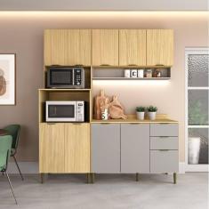 Imagem de Cozinha Modulada Ibiza 03 Peças 100% Mdf com Torre Quente - com Tampo Louro Freijó | Cinza