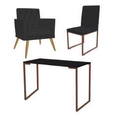 Imagem de Kit Escritório Stan Poltrona Maria com Cadeira e Mesa Industrial Preto Bronze Corino Preto - Ahz Móveis